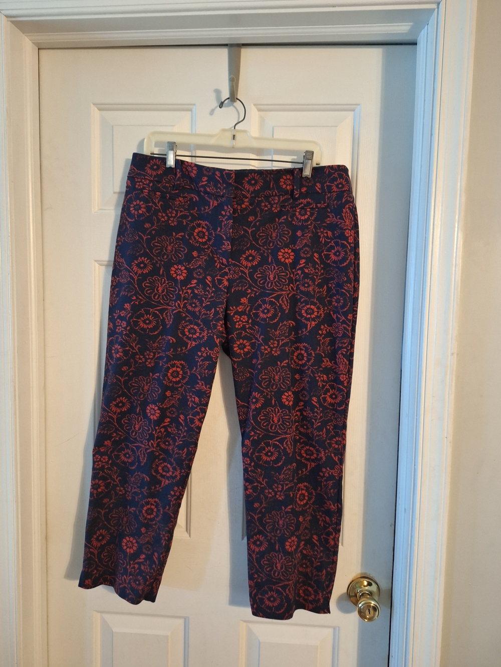 LOFT Navy Blue Pants with Red Floral Print
